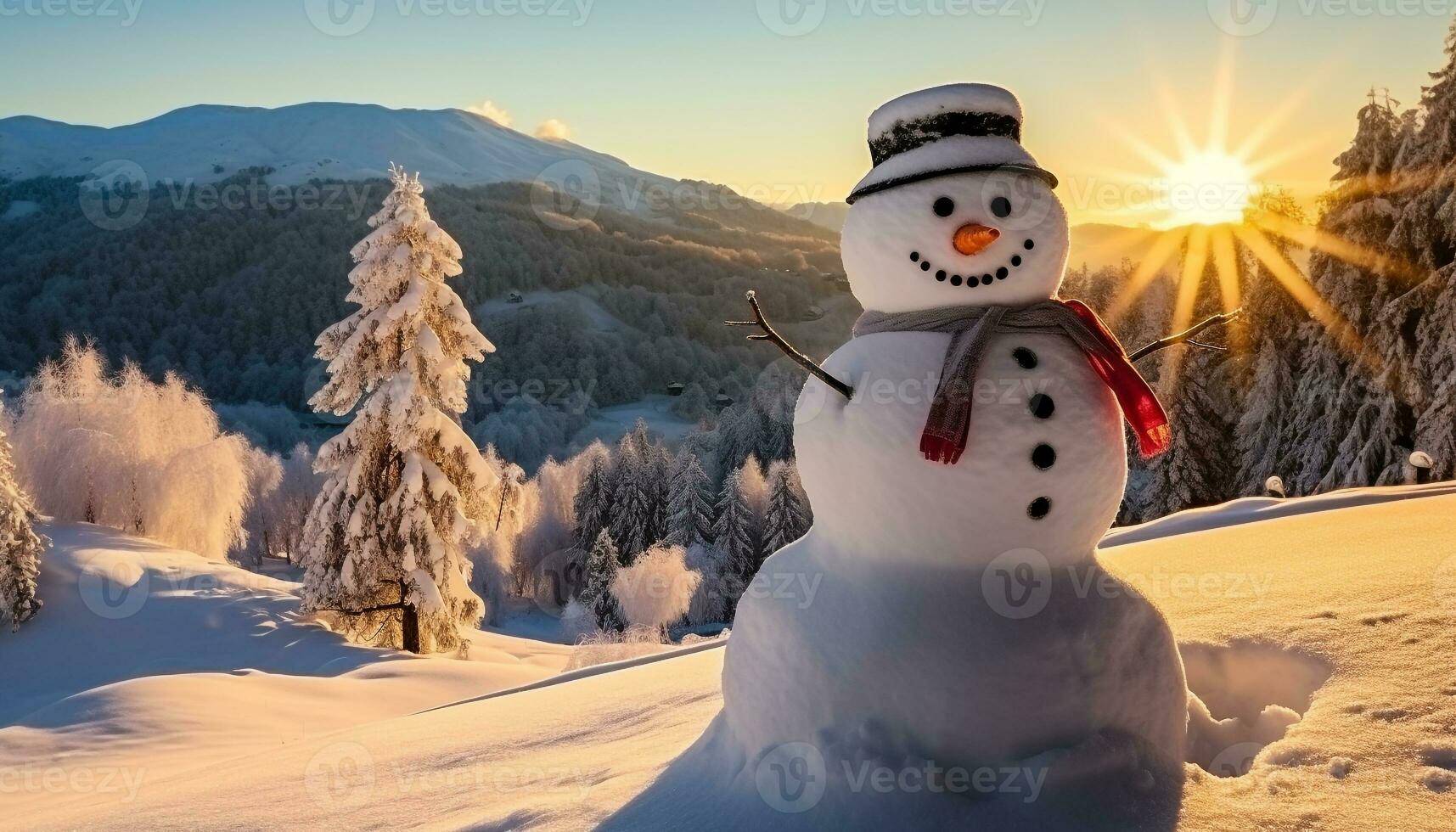 AI generated Smiling snowman in winter forest, carrot nose generated by AI photo