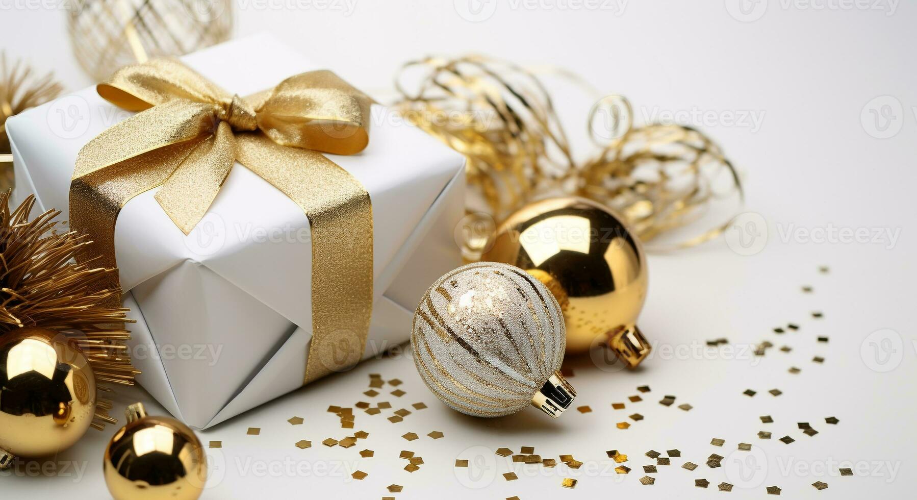 AI generated Shiny gold ornament in a festive gift box generated by AI photo