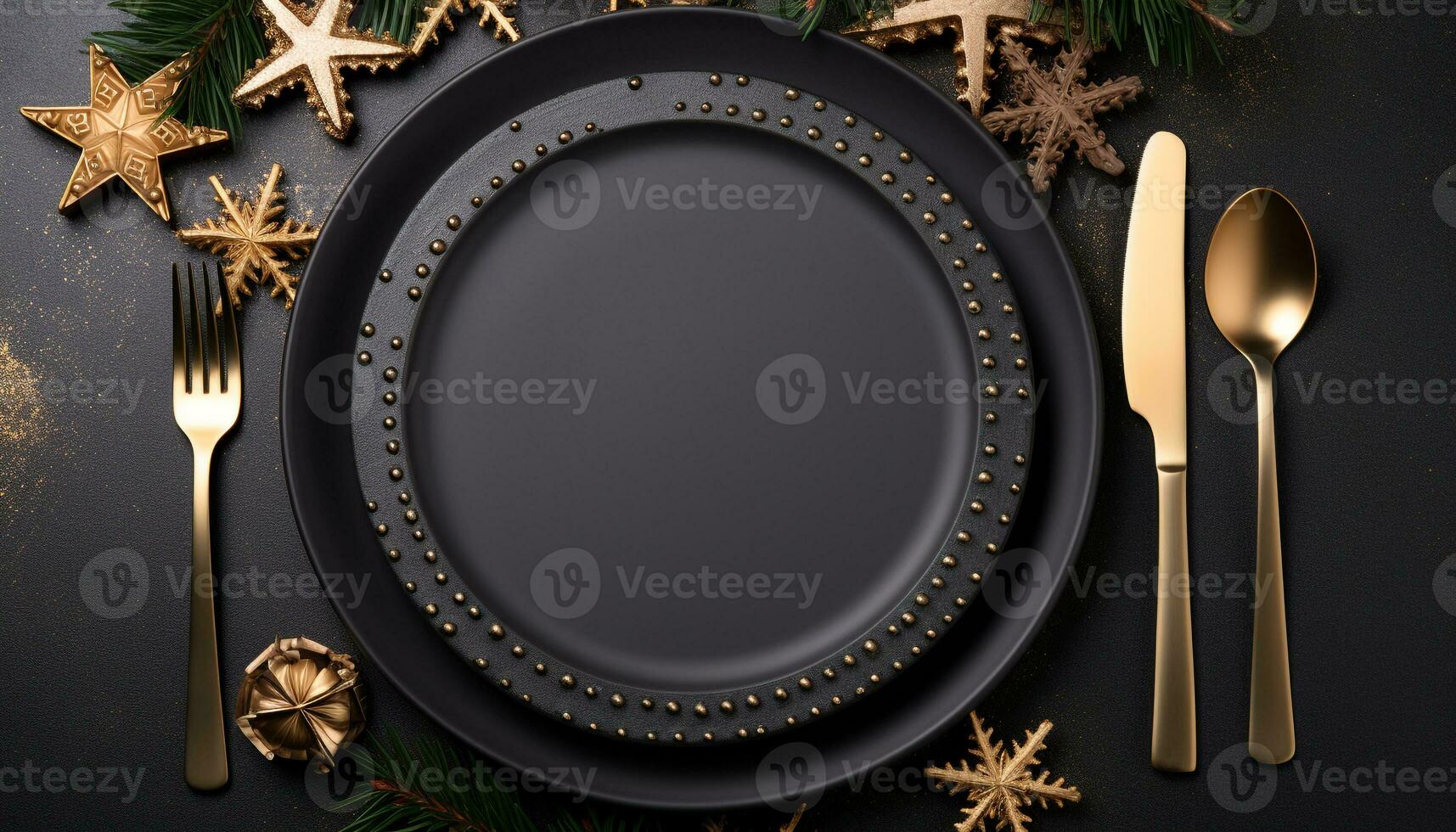 AI generated Shiny gold plate with silverware on wooden table generated by AI photo