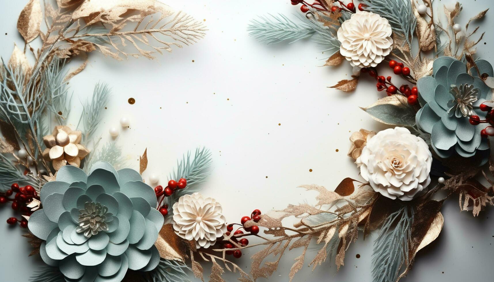 AI generated Winter celebration, snowflake ornament on holly wreath generated by AI photo