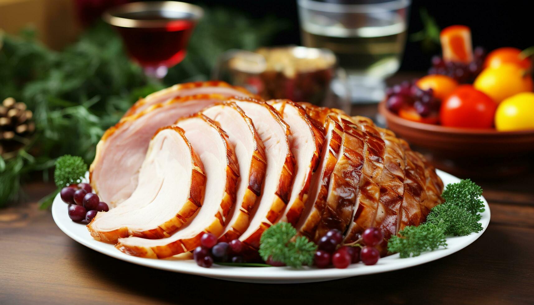 AI generated Grilled pork fillet with cranberry sauce and wine generated by AI photo