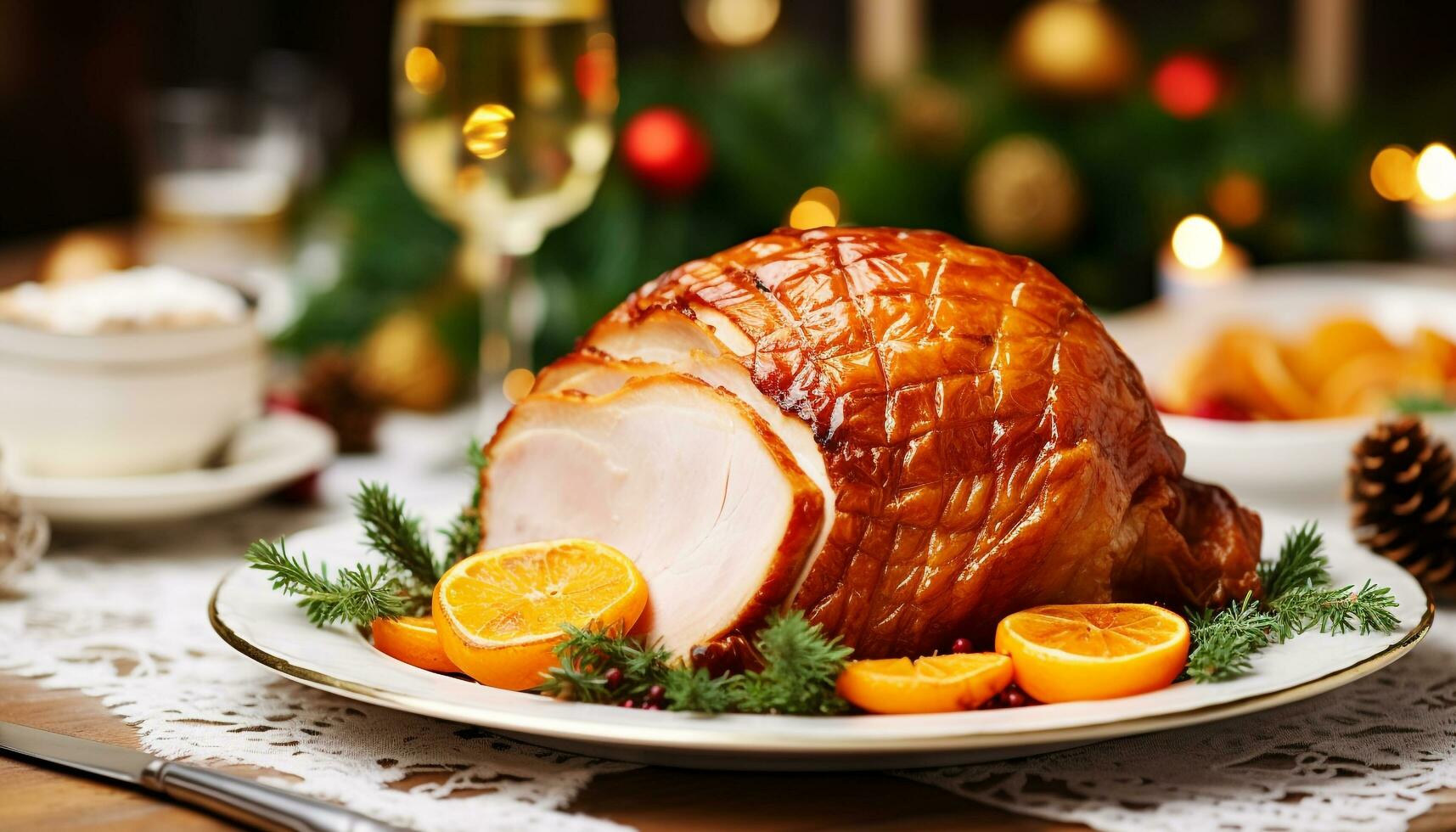 AI generated Roast turkey, gourmet meal, celebration, Christmas lights generated by AI photo