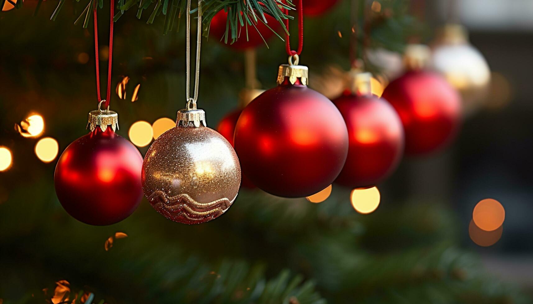 AI generated Shiny ornament hanging on Christmas tree branch generated by AI photo
