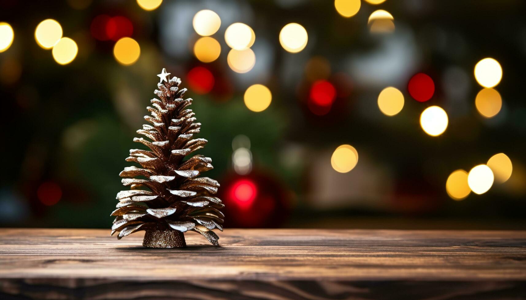 AI generated Glowing Christmas tree illuminates rustic wood table generated by AI photo