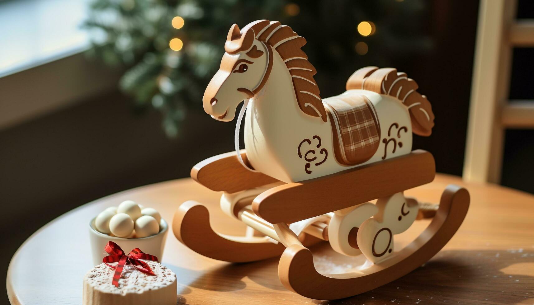 AI generated Wooden rocking horse brings joy to winter celebration generated by AI photo