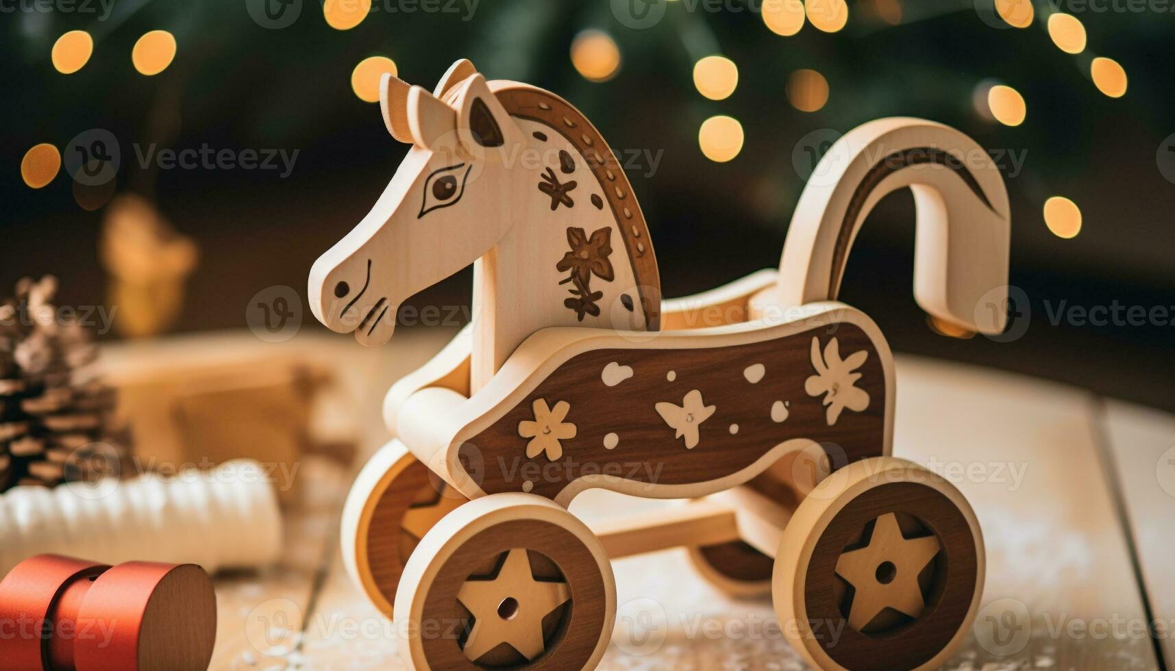 AI generated Rustic rocking horse, snowflake ornament, illuminated Christmas tree generated by AI photo