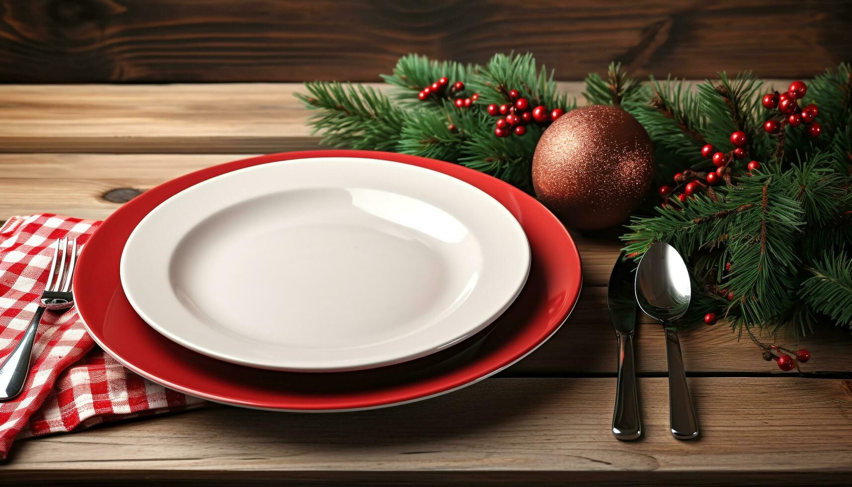 AI generated Wooden table with festive plate of Christmas food generated by AI photo