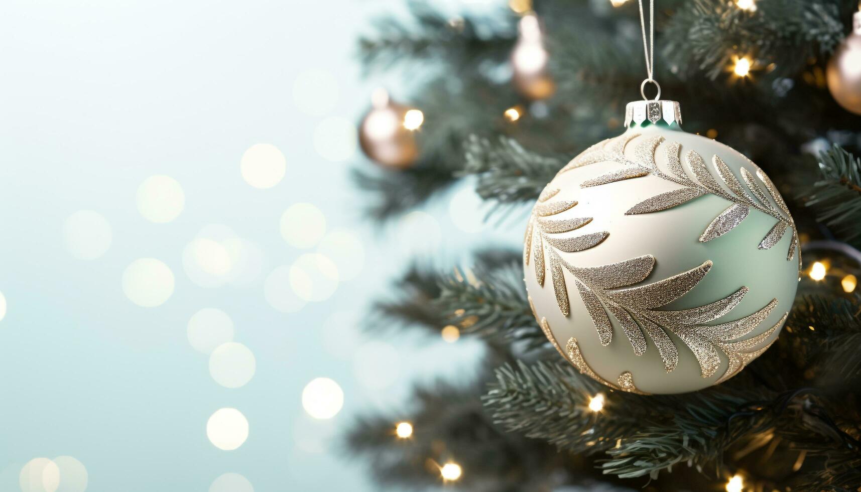 AI generated Shiny Christmas tree ornament hanging on a branch generated by AI photo