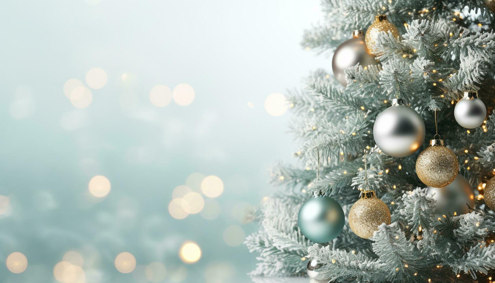 AI generated Shiny snowflake on illuminated Christmas tree branch generated by AI photo
