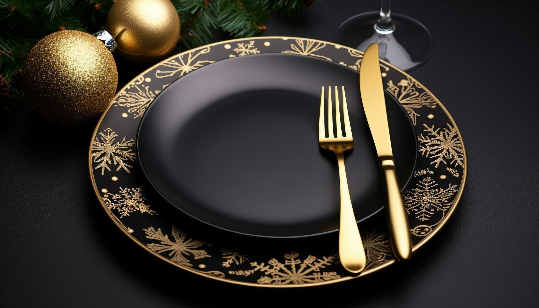 AI generated Shiny gold plate with elegant Christmas decoration generated by AI photo