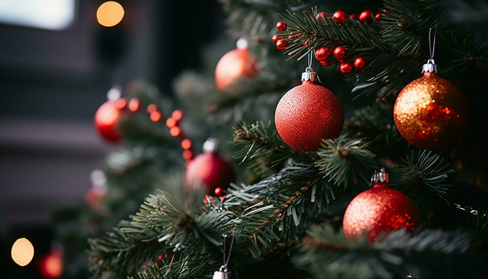 AI generated Christmas tree decoration glowing in the dark night generated by AI photo