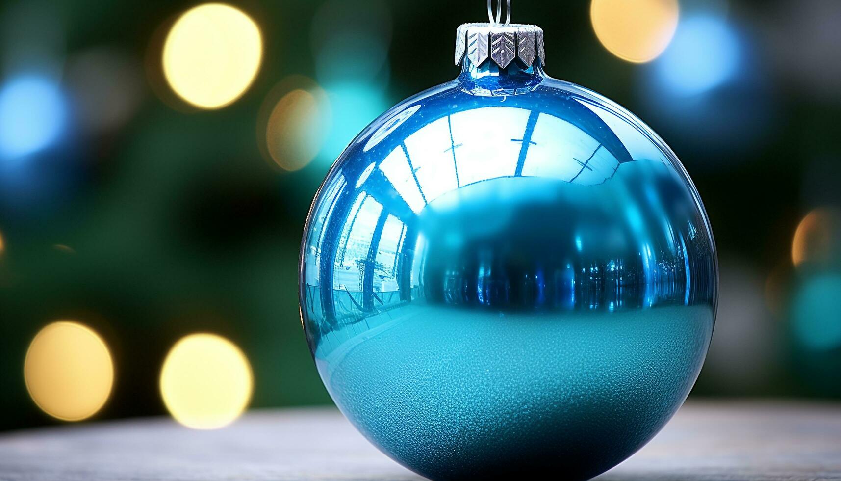 AI generated Shiny blue sphere glows, reflecting Christmas lights on decorated tree generated by AI photo