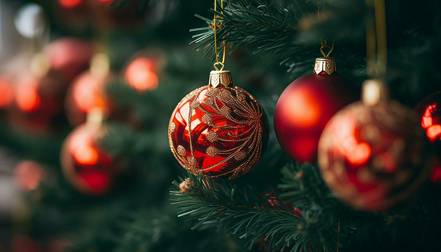 AI generated Christmas tree decoration with shiny gold ornaments generated by AI photo