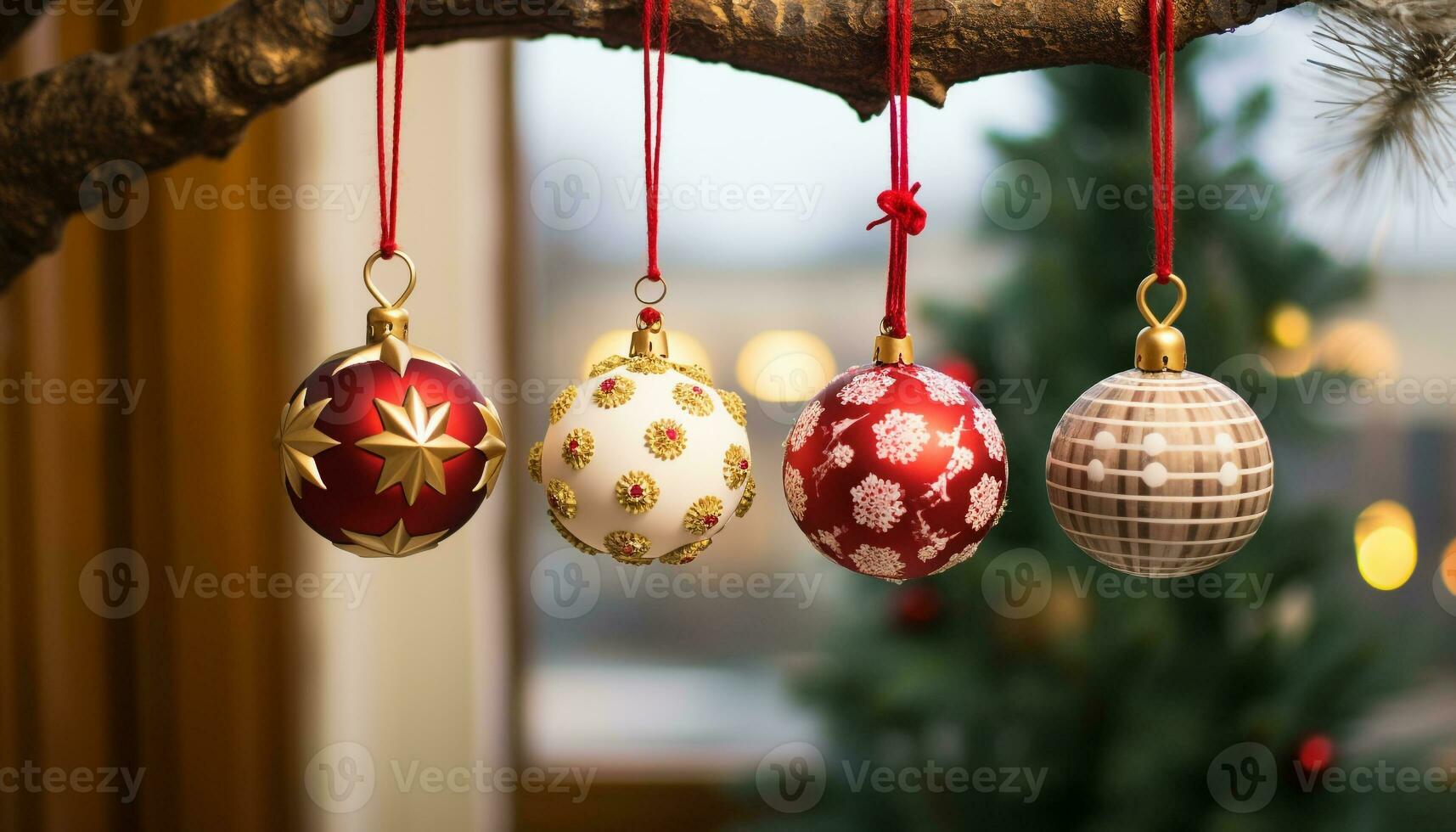 AI generated Shiny gold ornament hanging on Christmas tree generated by AI photo