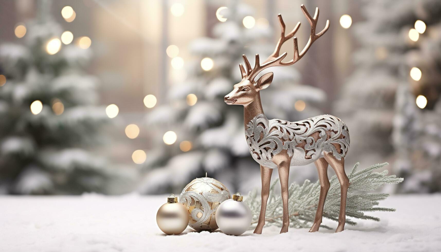 AI generated Winter celebration, snow covered tree adorned with Christmas decorations generated by AI photo