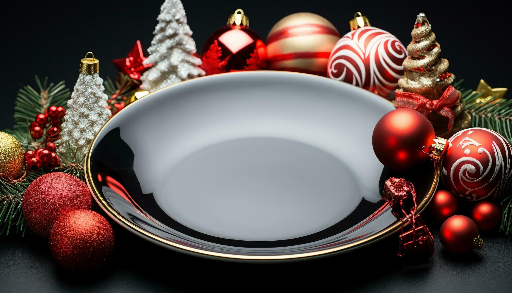 AI generated Shiny gold ornament decorates Christmas tree with snow generated by AI photo
