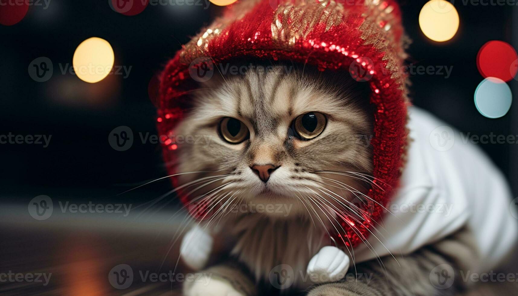 AI generated Cute kitten looking at camera, surrounded by Christmas lights generated by AI photo