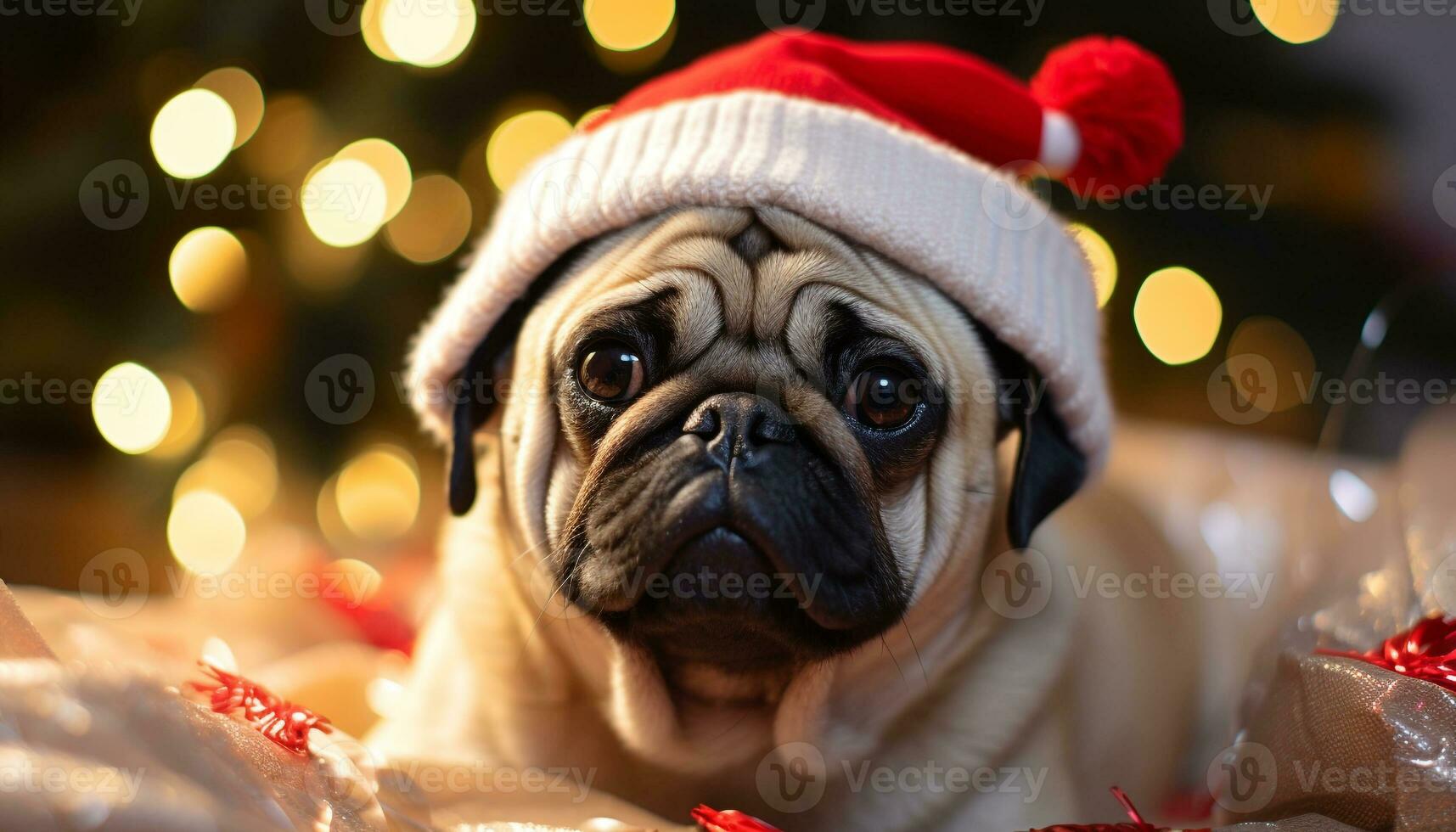 AI generated Cute pug puppy looking at Christmas tree lights generated by AI photo