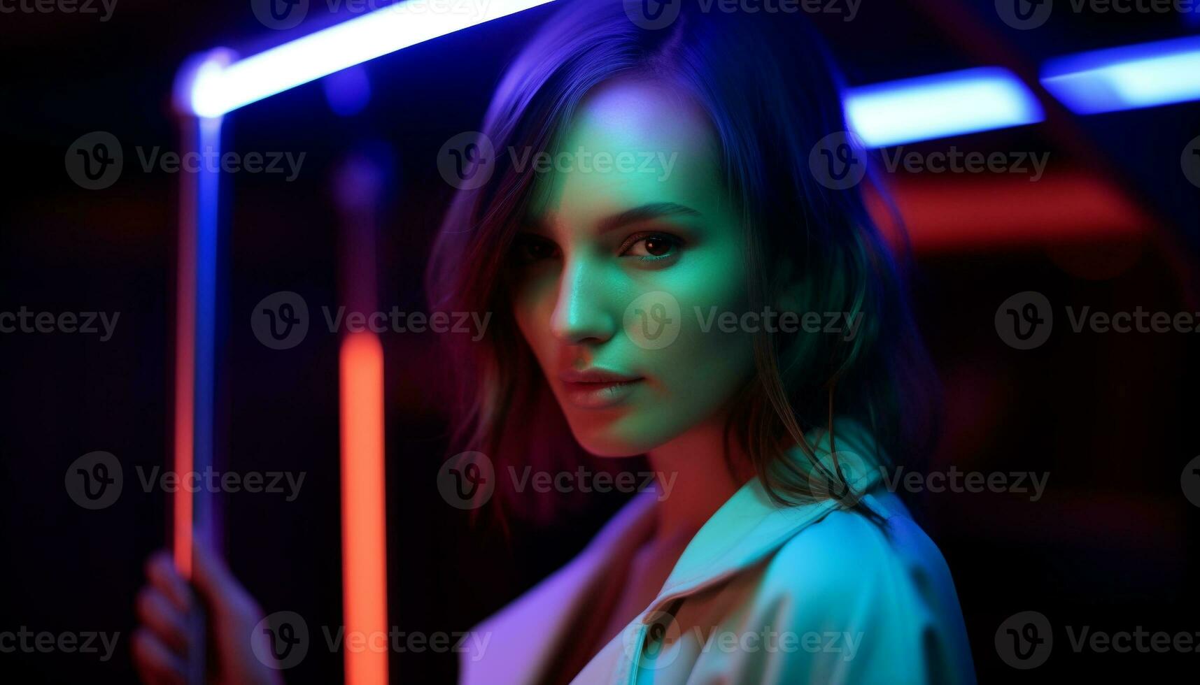AI generated Beautiful young woman in nightclub, looking at camera generated by AI photo