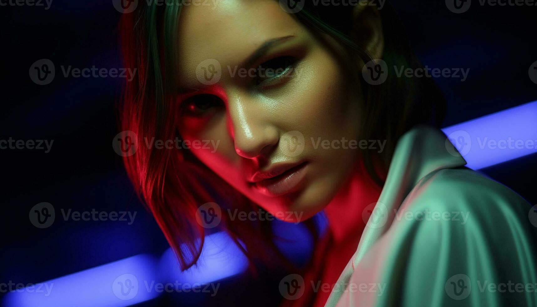 AI generated Young adult woman looking at camera in nightclub generated by AI photo