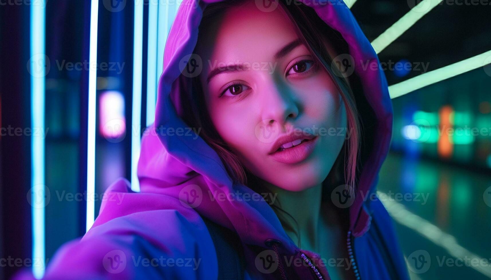 AI generated Young woman in hooded shirt looking at camera generated by AI photo