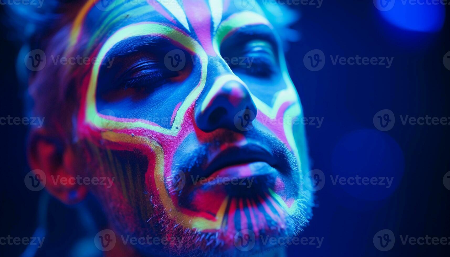 AI generated Glowing face paint creates a mysterious, vibrant portrait generated by AI photo