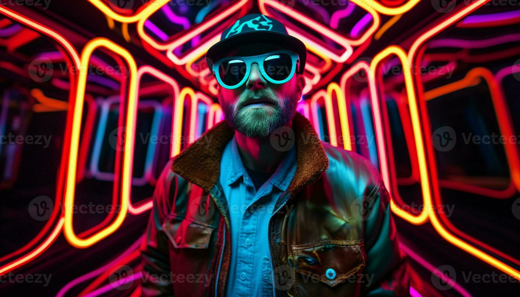 AI generated Fashionable man in sunglasses stands illuminated by neon generated by AI photo