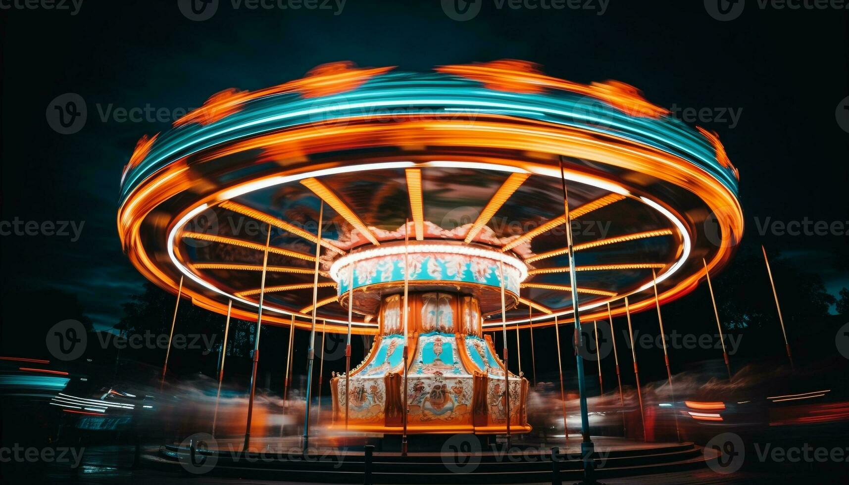 AI generated Spinning carousel ignites vibrant childhood joy outdoors generated by AI photo