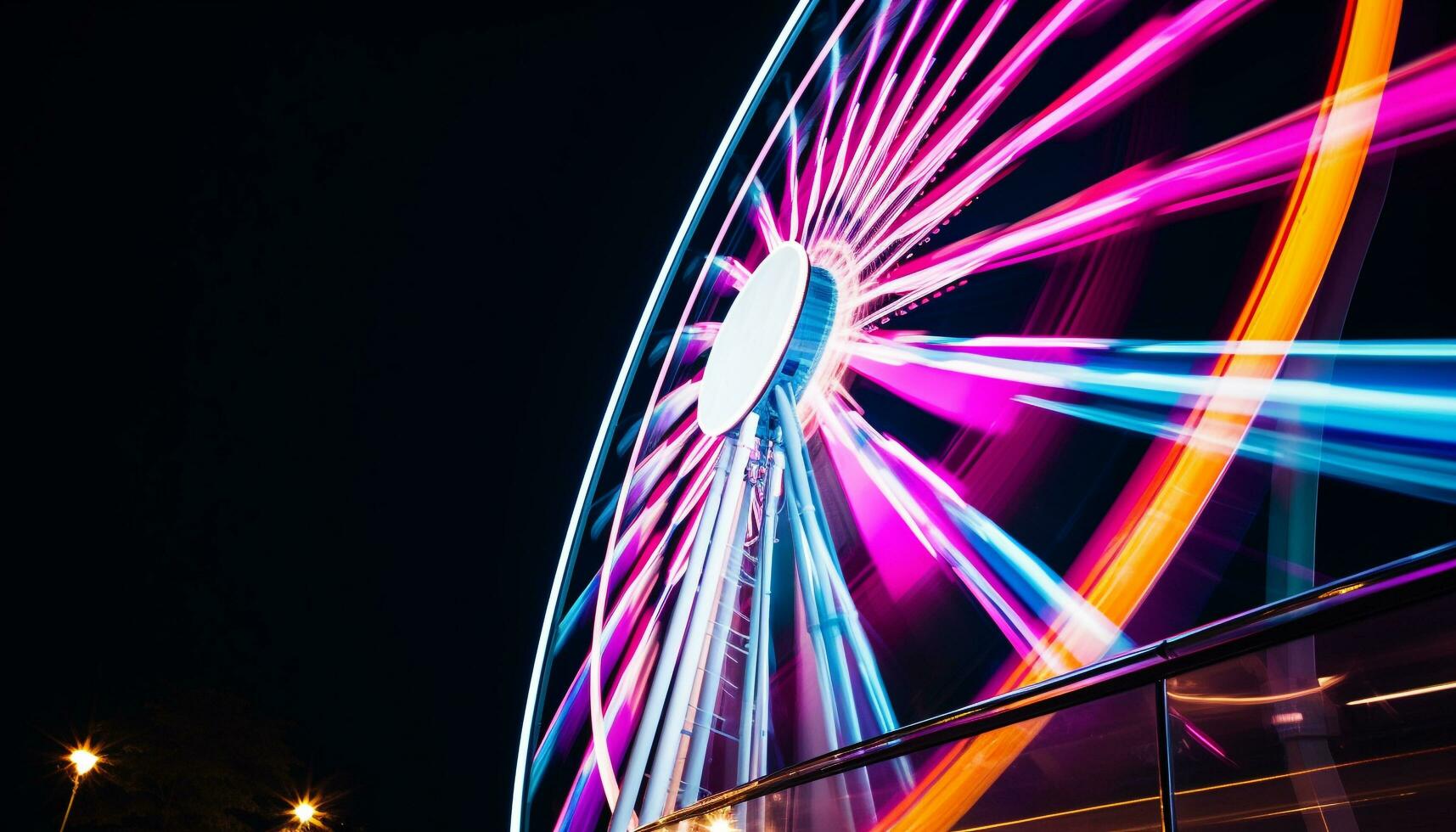 AI generated Bright neon lights illuminate the spinning amusement park ride generated by AI photo