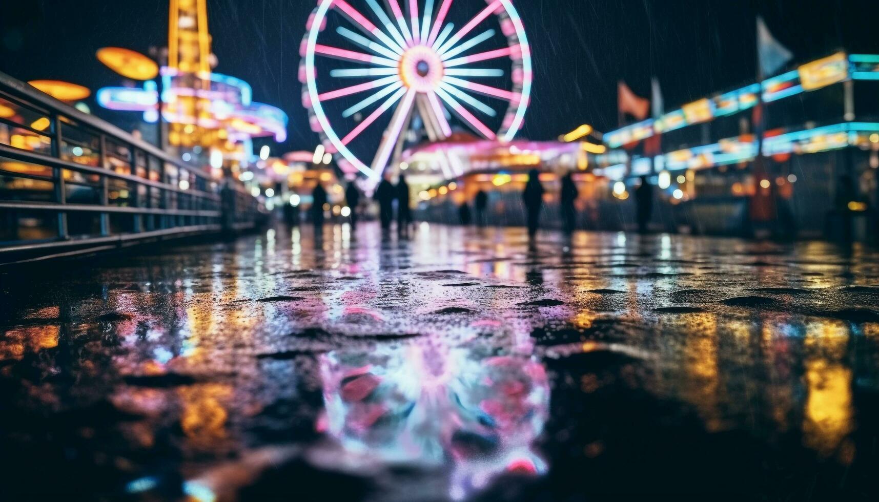 AI generated Nightlife illuminated with vibrant colors, spinning carousel joy generated by AI photo