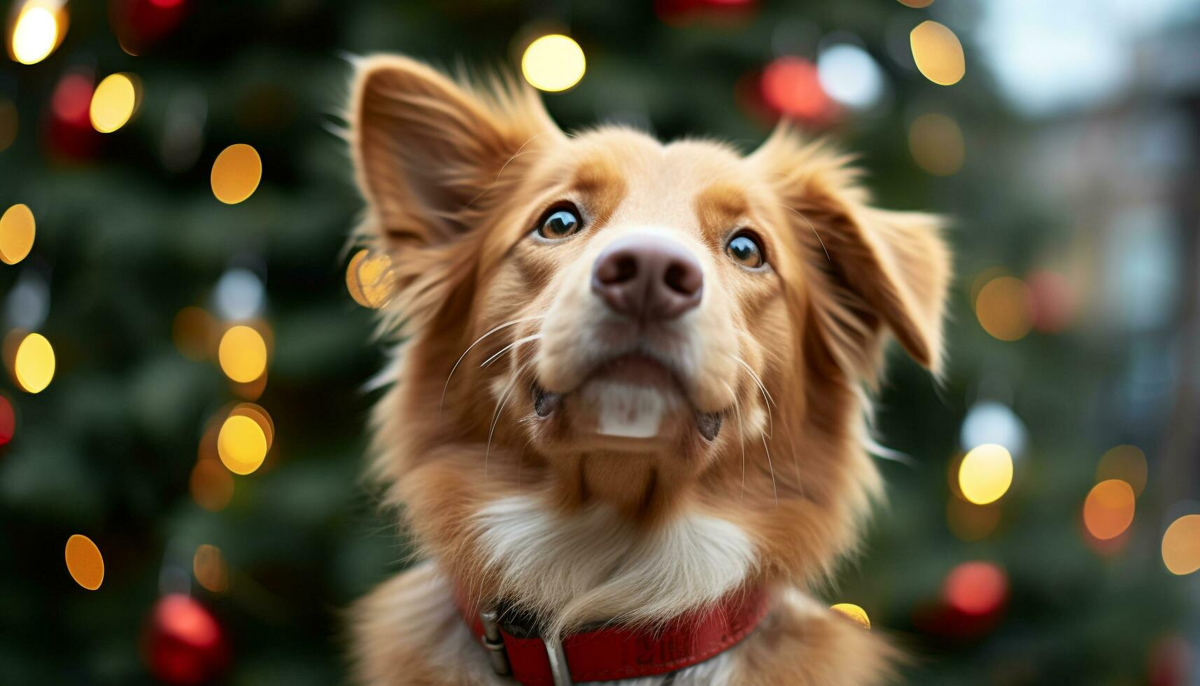 AI generated Cute dog looking at Christmas tree decorations generated by AI photo