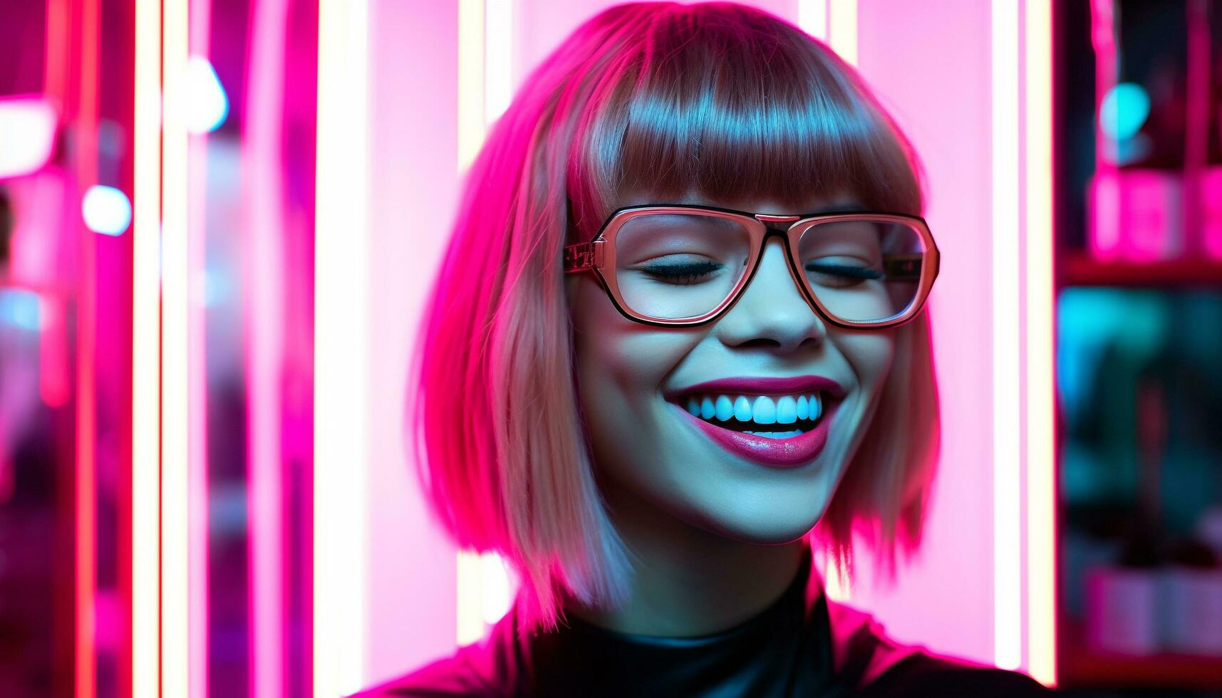 AI generated Smiling young woman with blond hair and eyeglasses generated by AI photo