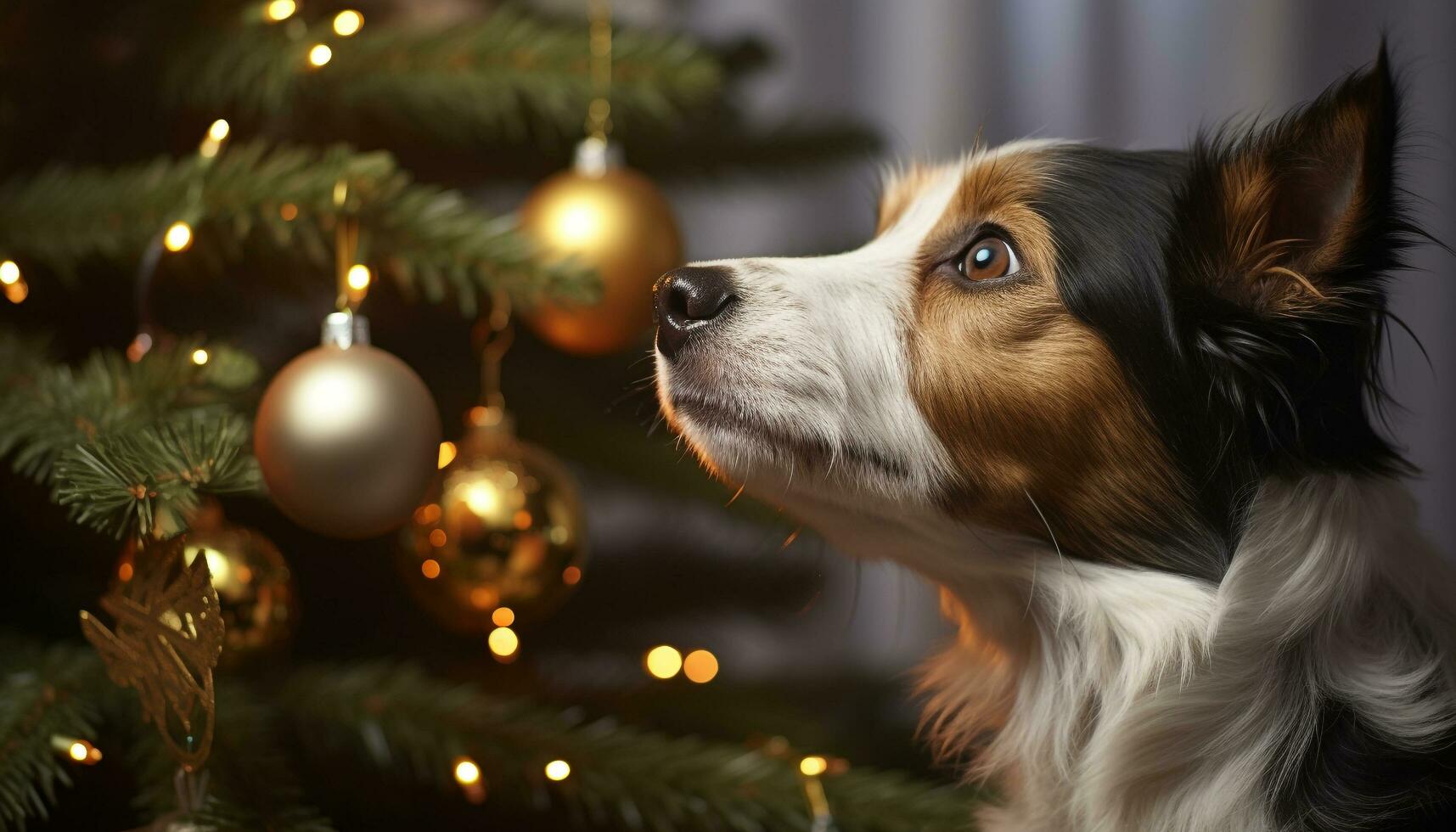 AI generated Cute puppy sitting by Christmas tree, looking adorable generated by AI photo