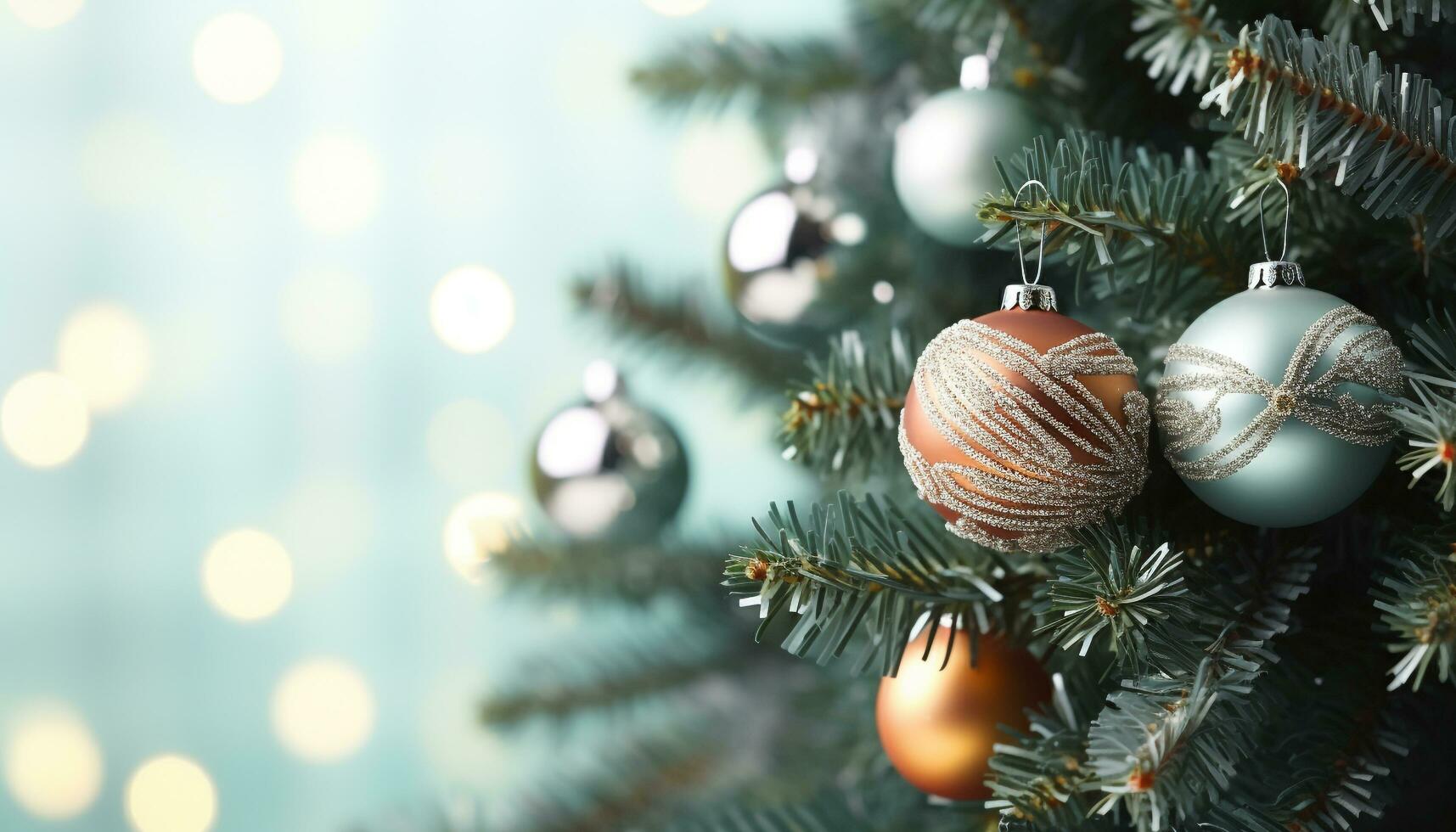 AI generated Christmas tree decoration with shiny green ornaments generated by AI photo