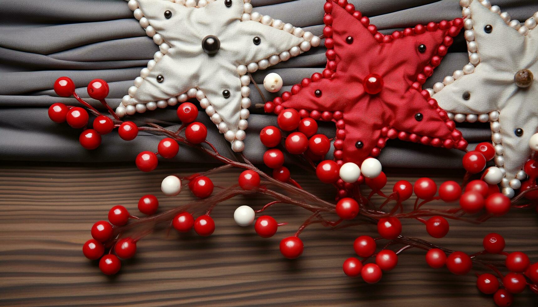 AI generated Wooden table with homemade chocolate cookies and decorations generated by AI photo