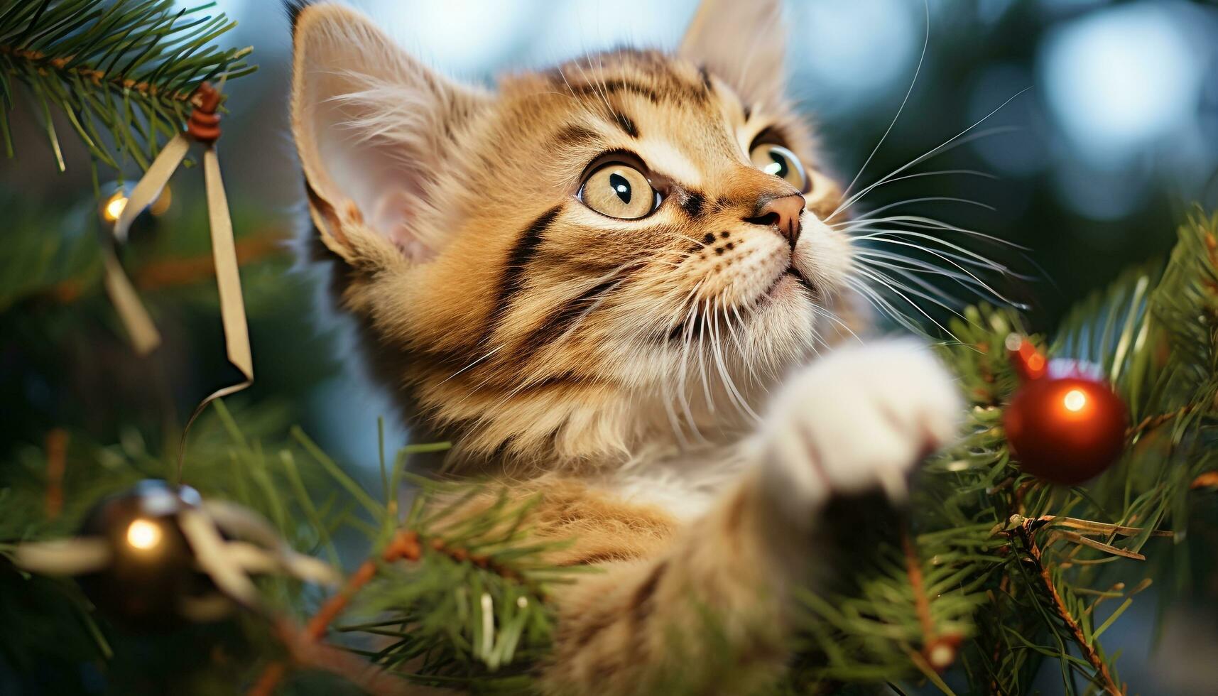 AI generated Cute kitten sitting on branch, staring at camera generated by AI photo