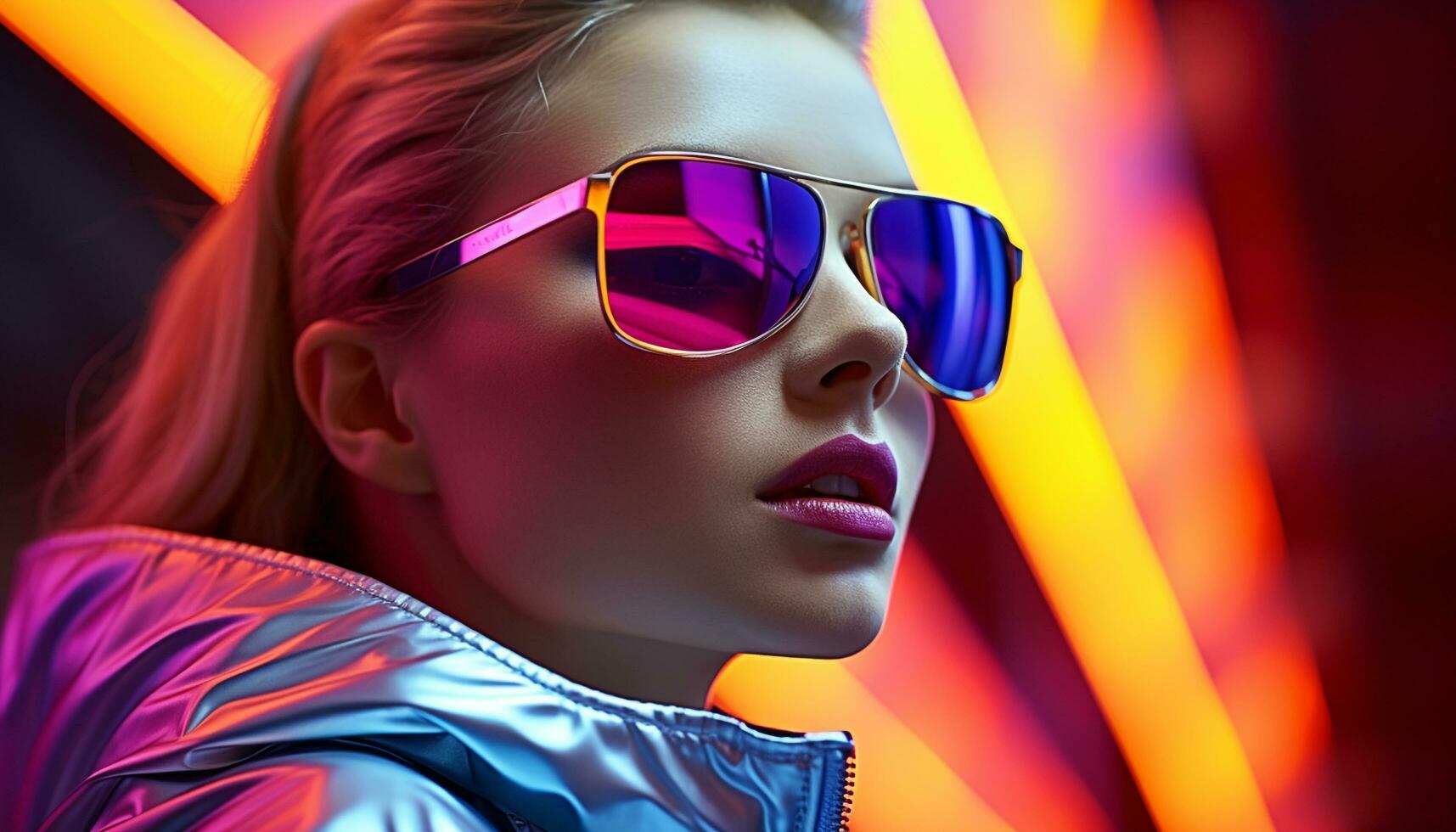 AI generated Young adult woman in sunglasses exudes nightlife elegance generated by AI photo