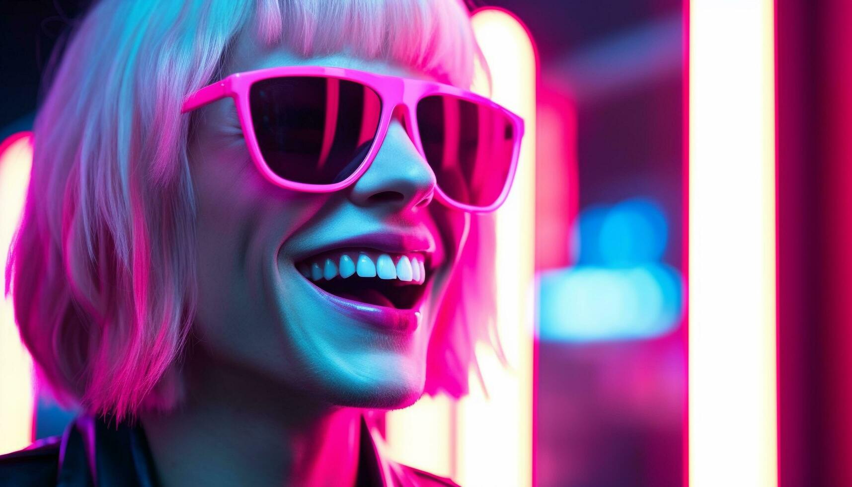 AI generated Smiling young woman in sunglasses enjoys nightclub generated by AI photo