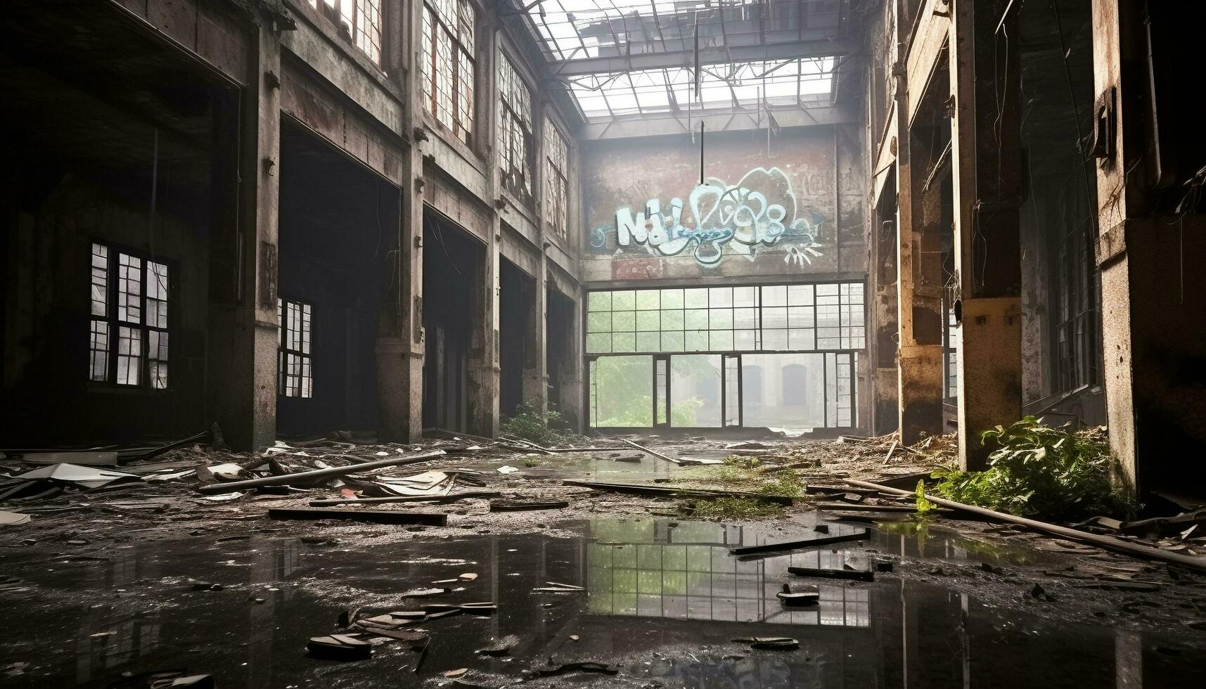 AI generated Ruined, damaged, dirty, abandoned, old, broken, empty, rusty generated by AI photo