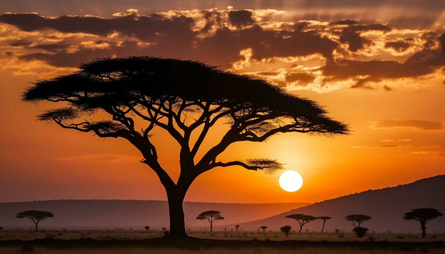 AI generated Silhouette of acacia tree in African sunset generated by AI photo
