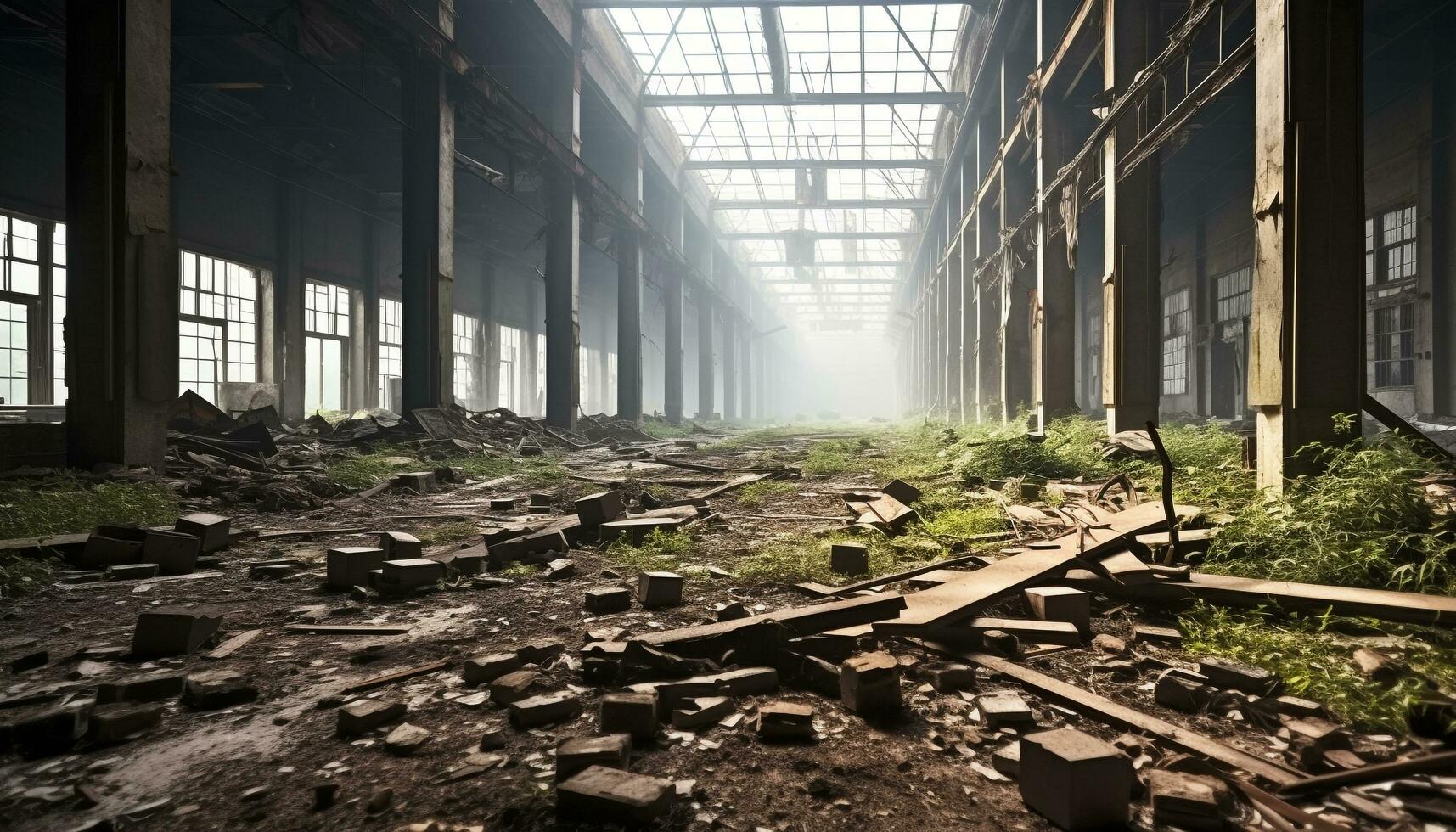 AI generated Ruined factory, broken window, rusty steel, dim corridor generated by AI photo