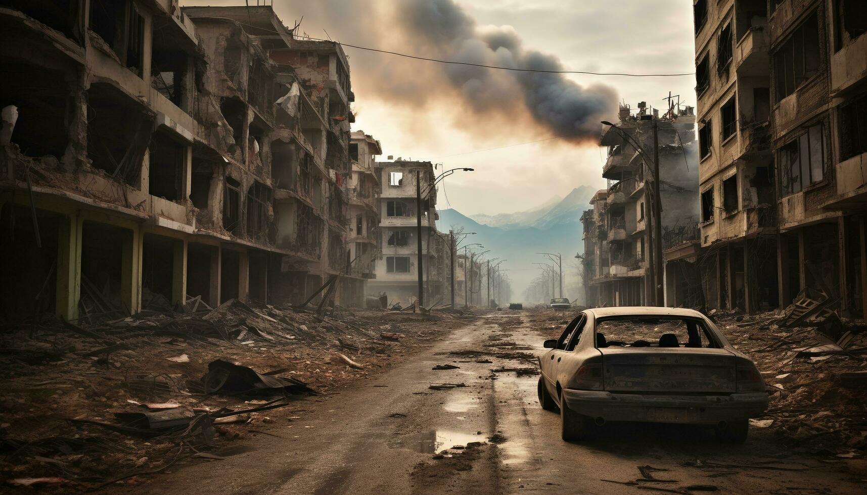 AI generated Abandoned car in ruined city, symbolizing destruction generated by AI photo