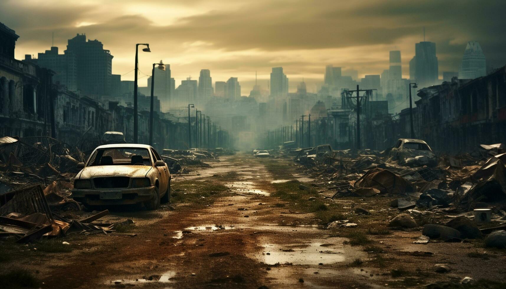 AI generated Dirty cityscape, skyscrapers damaged, traffic crash, ruined building generated by AI photo