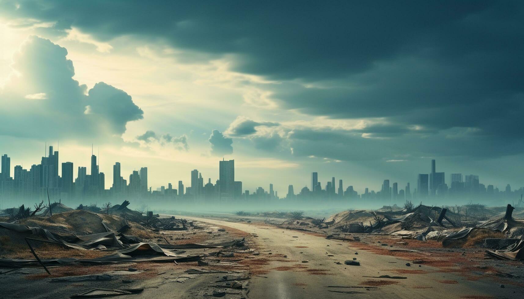 AI generated Futuristic city skyline reflects in water at dusk generated by AI photo