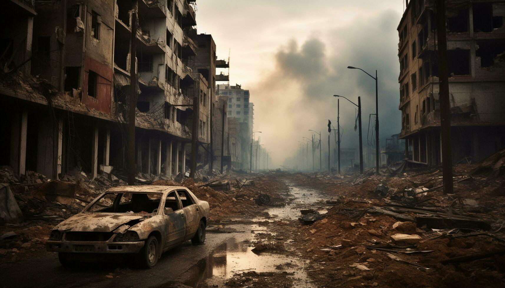 ai generado sucio, dañado coche en abandonado edificio, paisaje urbano destrucción generado por ai foto