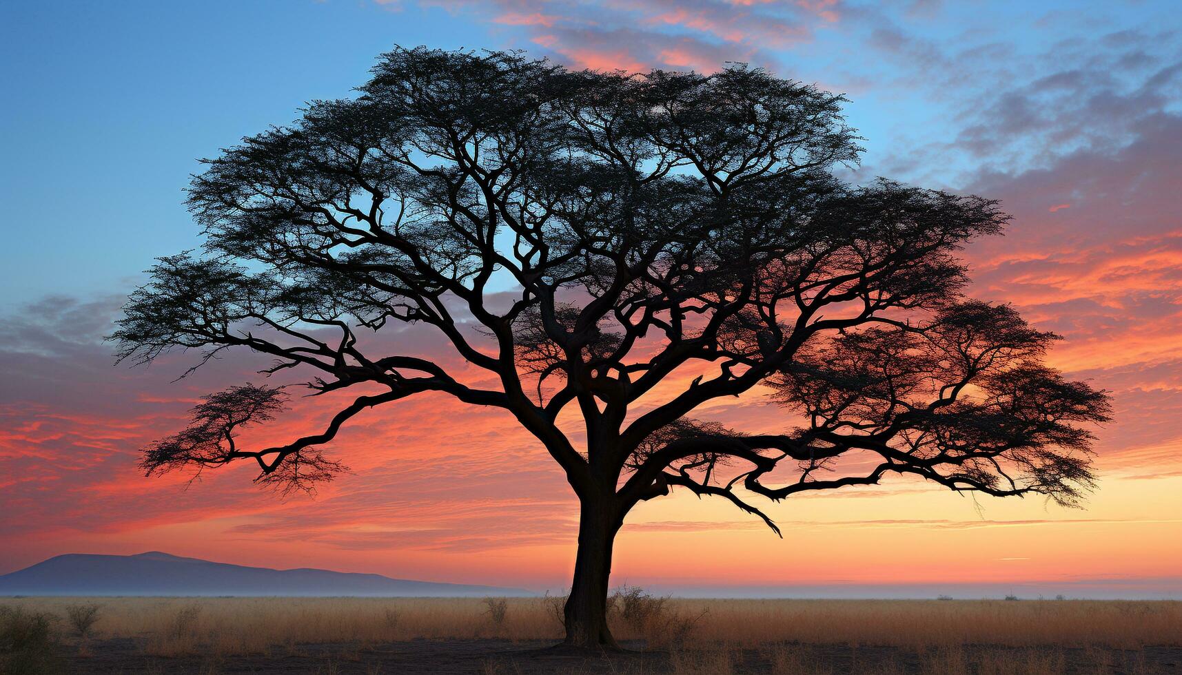 AI generated Silhouette of acacia tree against orange sunset sky generated by AI photo