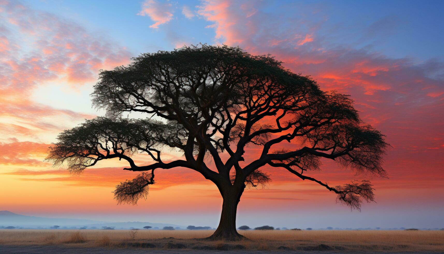 AI generated Silhouette of acacia tree against orange sunset sky generated by AI photo