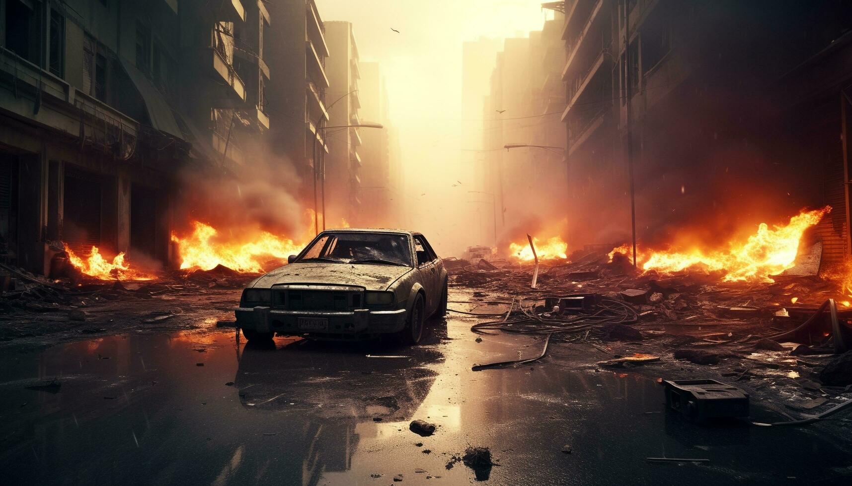 AI generated Burning car, flames, smoke, destruction, danger, ruined generated by AI photo