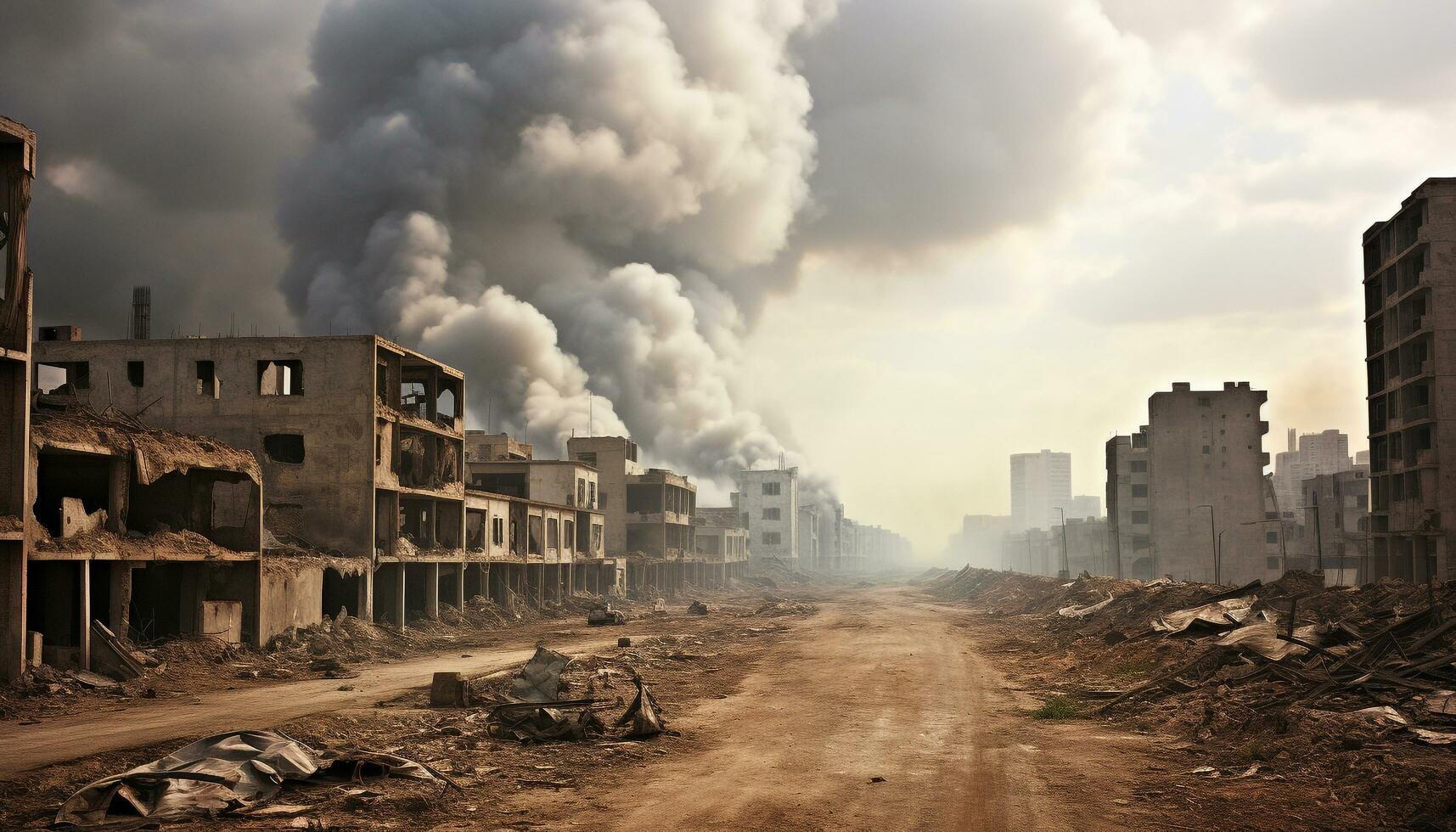 AI generated Destroyed building, smoke filled sky, polluted environment, ruined industry generated by AI photo