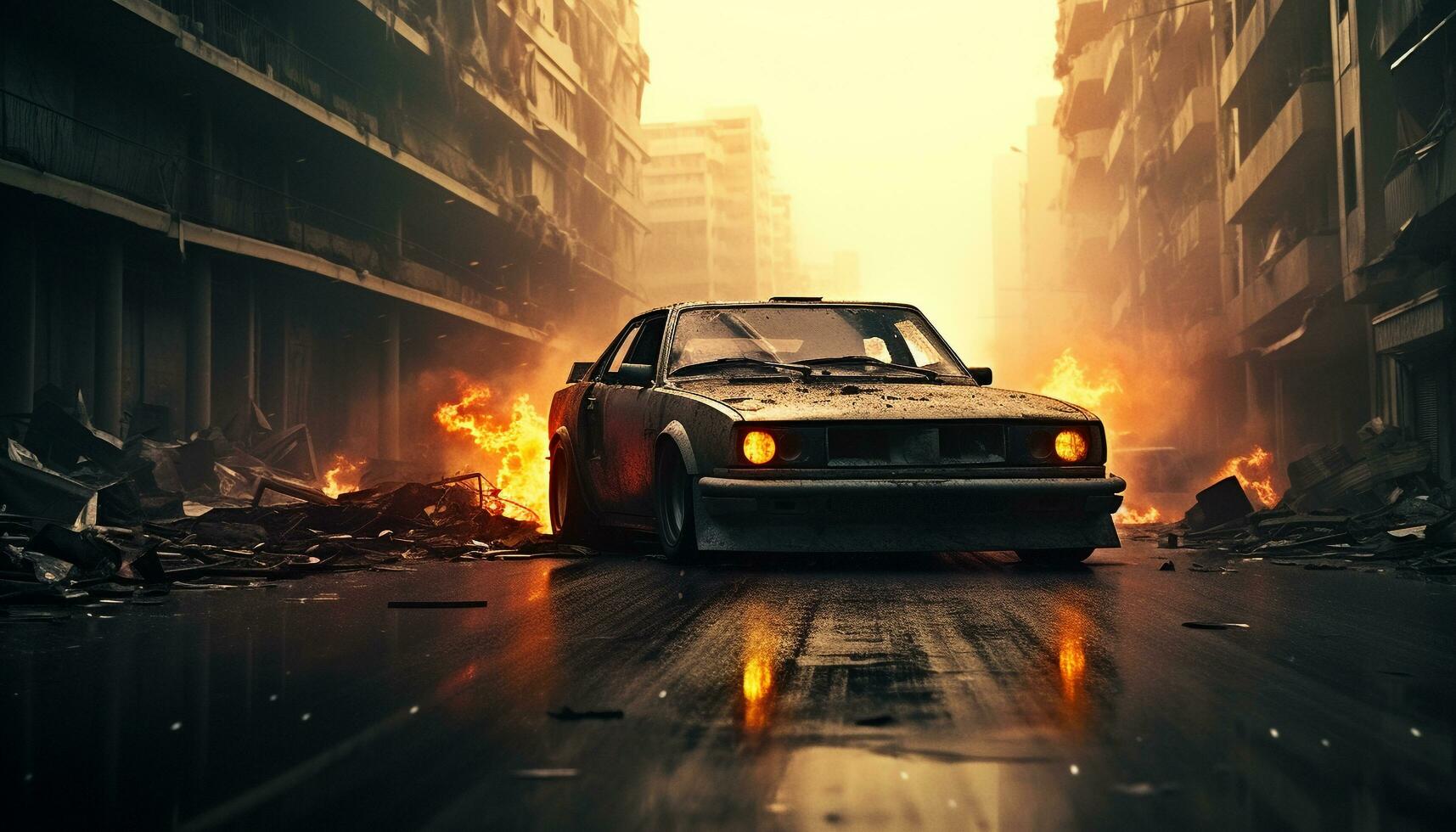 AI generated Burning sports car races through fiery inferno generated by AI photo